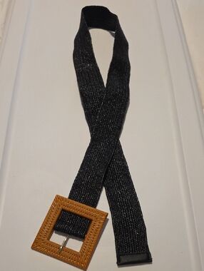 Plus Size Black Woven Elastic Belt with Tan Square Buckle